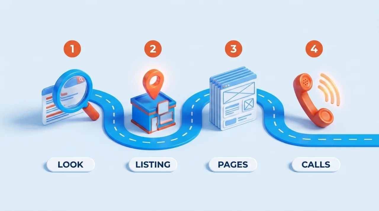 The Look-First Method: 1 look at the live results, 2 fix the listing, 3 build the pages, 4 count the calls